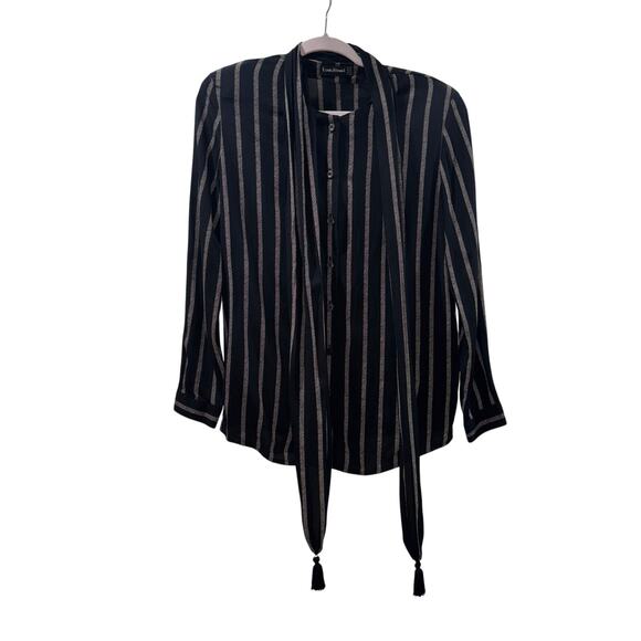 Louis Féraud Vintage 100% Silk Black Striped Blouse with Tie Scarf - Size US 8 - Picture 1 of 12